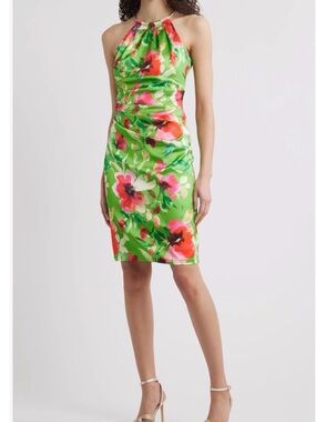 Eliza J Green One-Shoulder Floral Dress with Pink & Red Accents